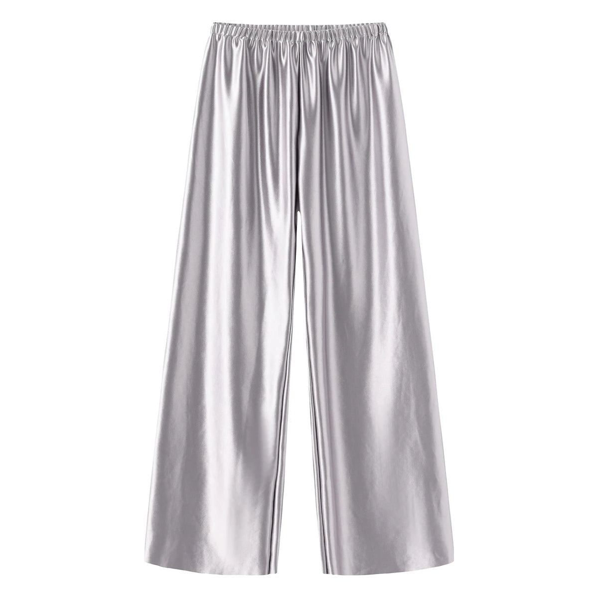 Calça feminina longa e ampla de cetim, estilo casual, ideal para o verão.
