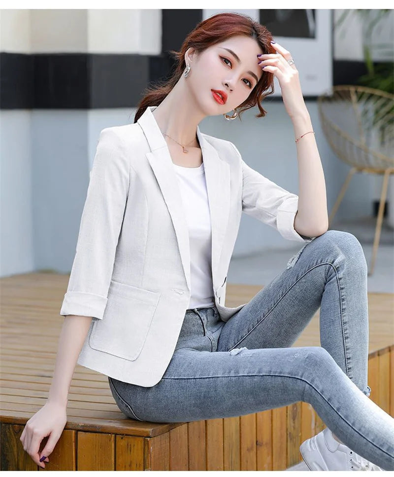 Blazer pequeño de algodón y lino para mujer