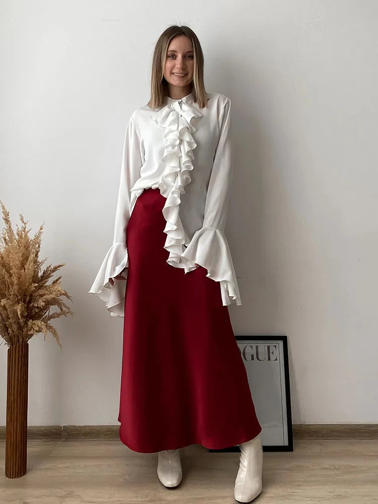 Falda larga de satén negro, ideal para trabajo