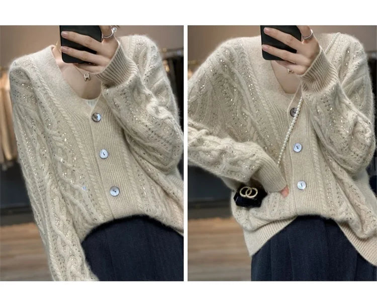 Cárdigan de cachemira , cuello en V, color liso