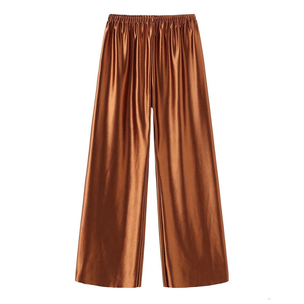 Calça feminina longa e ampla de cetim, estilo casual, ideal para o verão.