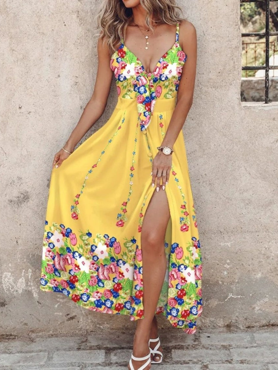 Riviera Bloom – Floral Midi Dress with Slit