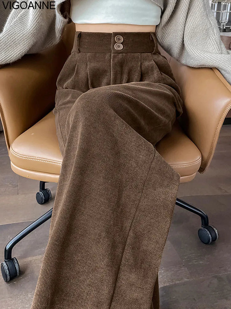 Pantalones anchos de terciopelo marrón casuales VigoAnne 2025