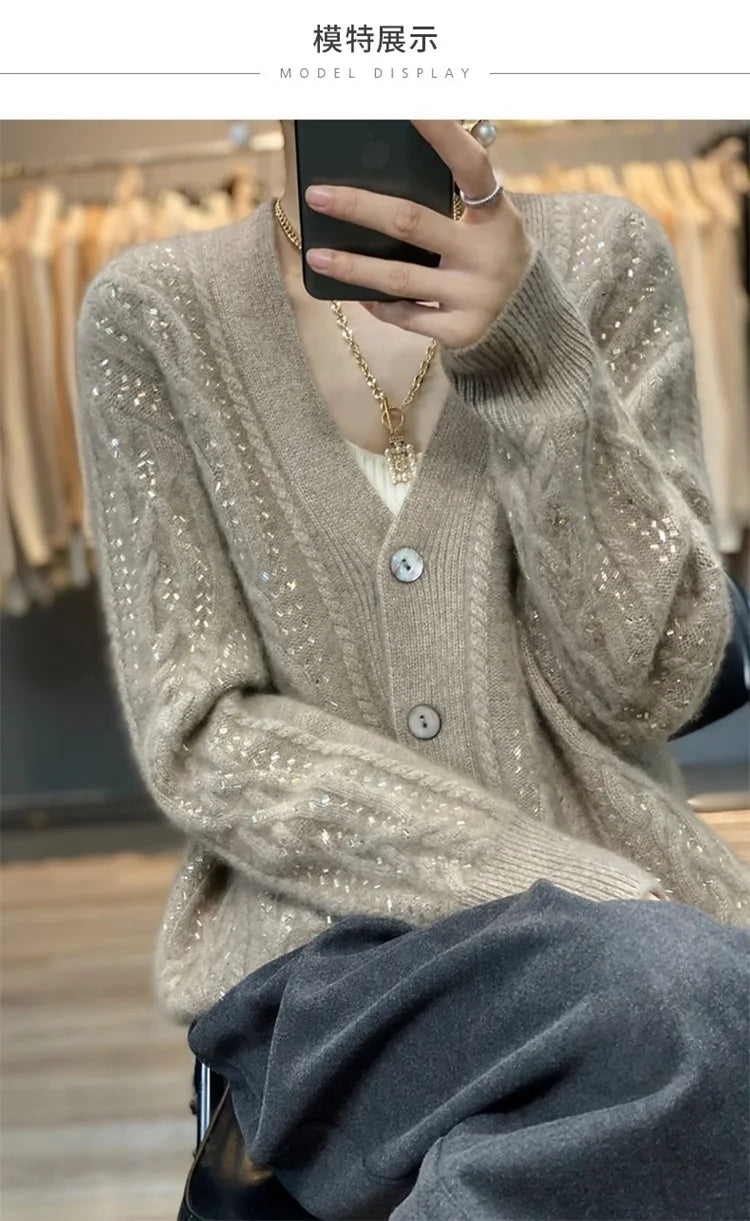 Cárdigan de cachemira , cuello en V, color liso