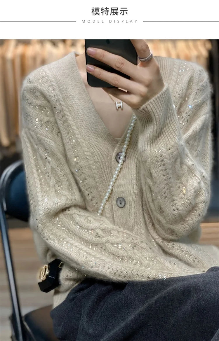 Cárdigan de cachemira , cuello en V, color liso