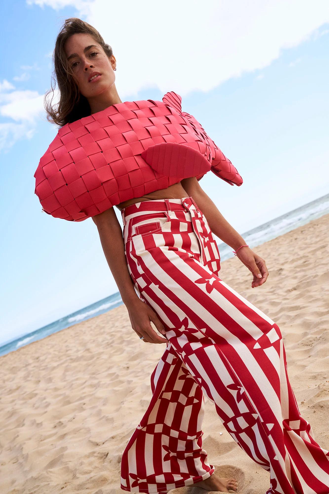 Pantalones de Pierna Ancha a Rayas con Estampado de Peces