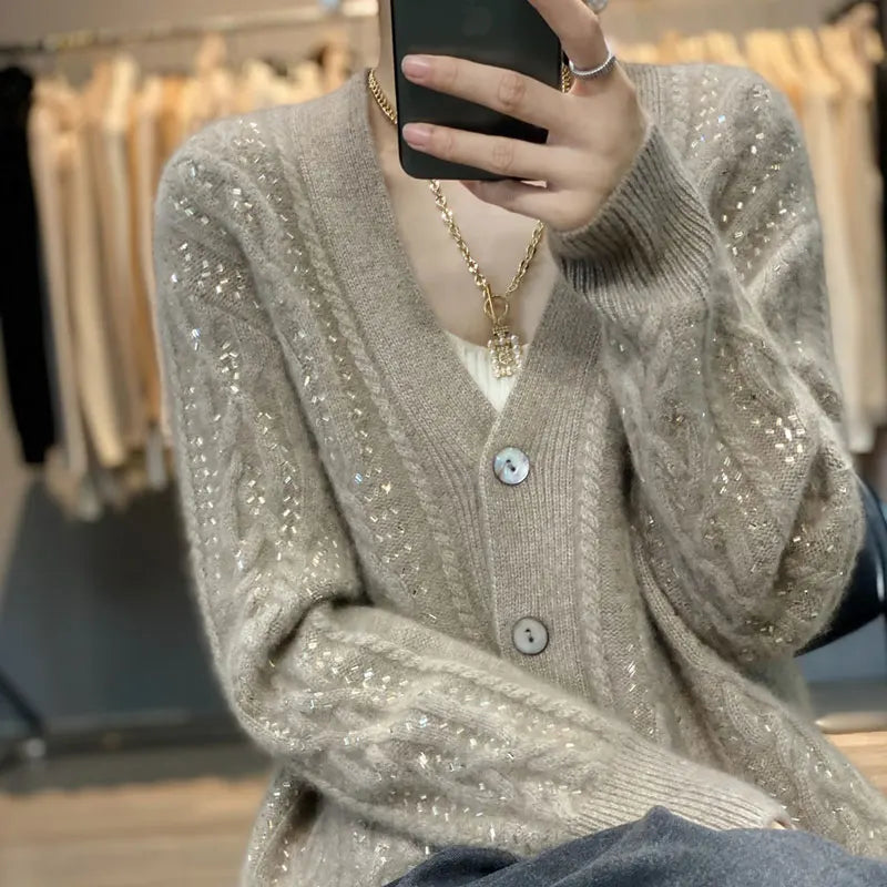 Cárdigan de cachemira , cuello en V, color liso