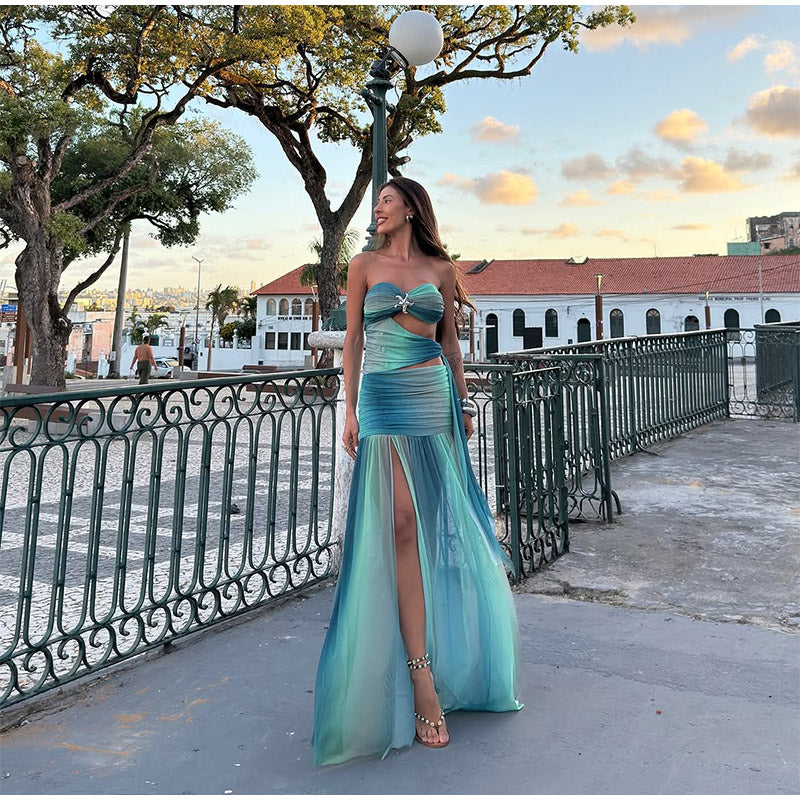 Azure Gradient Strapless Maxi Dress – VEITCHE Elegance | Summer Collection