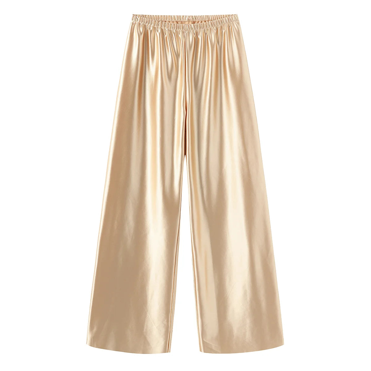 Calça feminina longa e ampla de cetim, estilo casual, ideal para o verão.