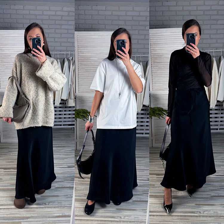 Falda larga de satén negro, ideal para trabajo