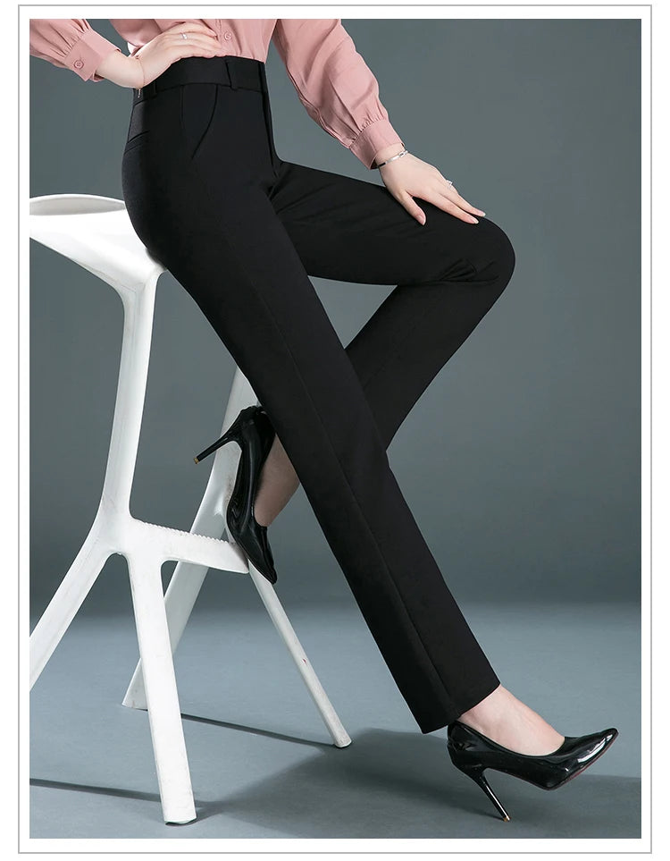 Pantalones rectos finos de cintura alta con elástico