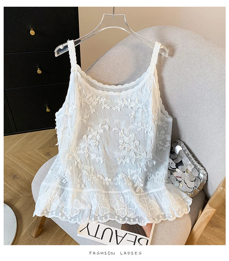 Blusa tirantes fina de lino y algodón a crochet