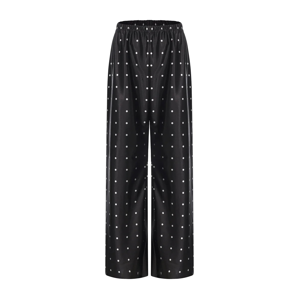 Calça feminina longa e ampla de cetim, estilo casual, ideal para o verão.