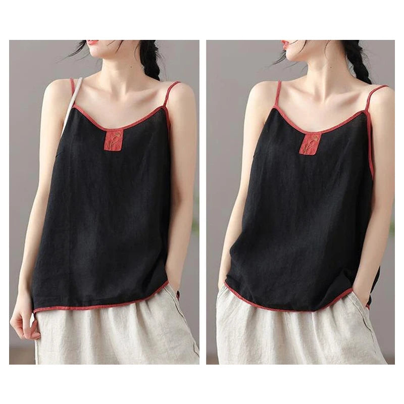 blusa de lino y algodón para mujer, estilo vintage Harajuku, elegantes, con bordado, sin mangas, con tirantes