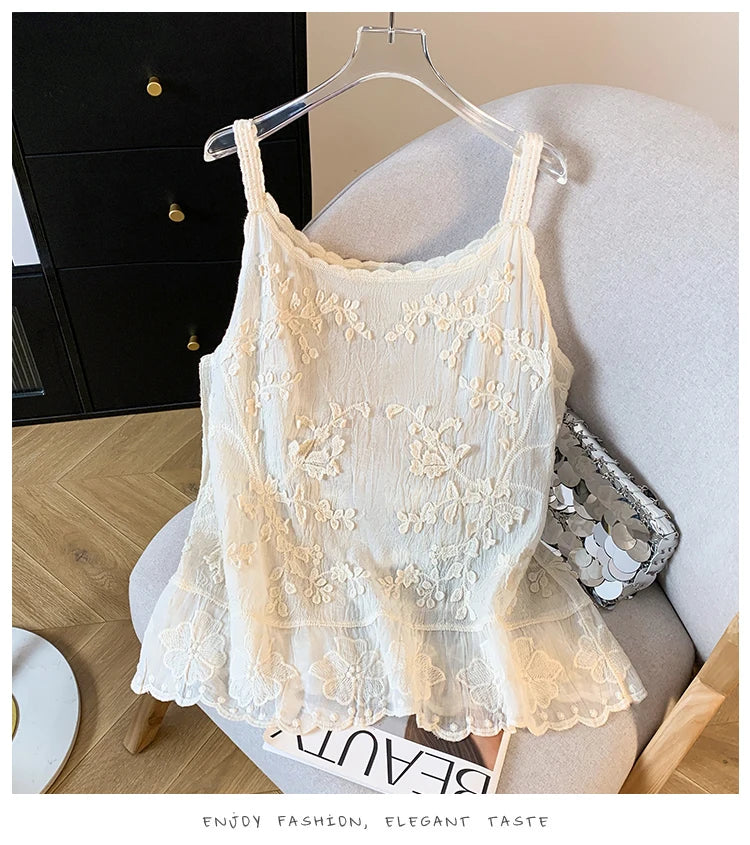 Blusa tirantes fina de lino y algodón a crochet