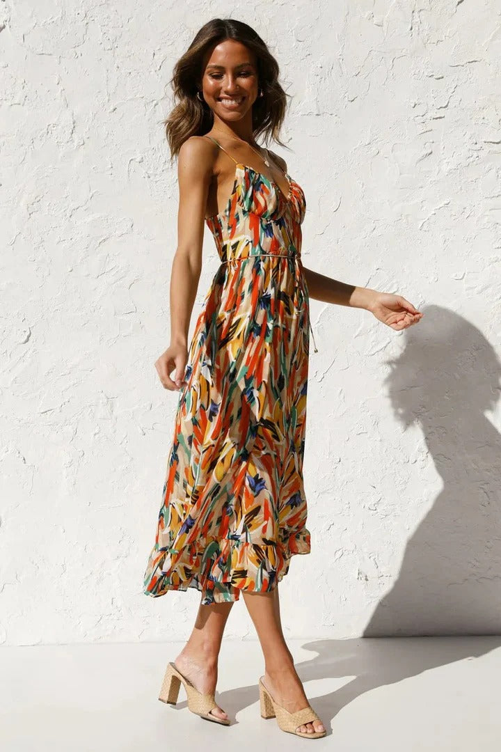 Boho Elegant Summer Dress – Vibrant Midi Dress for Vacation Looks