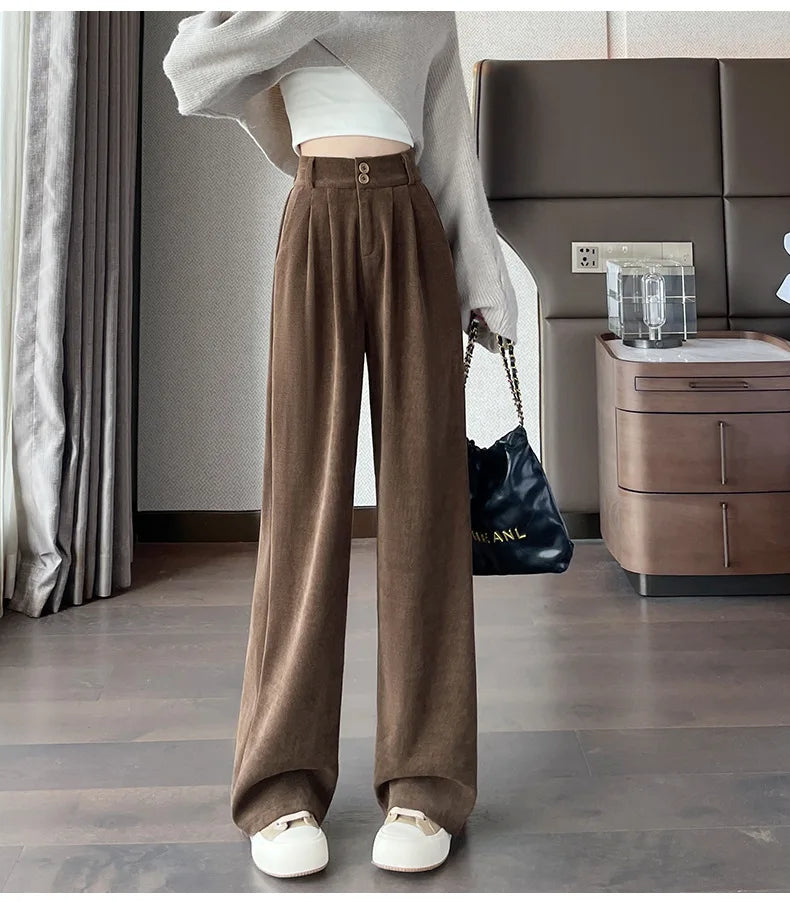 Pantalones anchos de terciopelo marrón casuales VigoAnne 2025