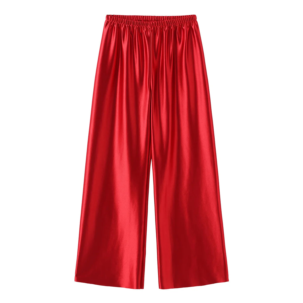 Calça feminina longa e ampla de cetim, estilo casual, ideal para o verão.