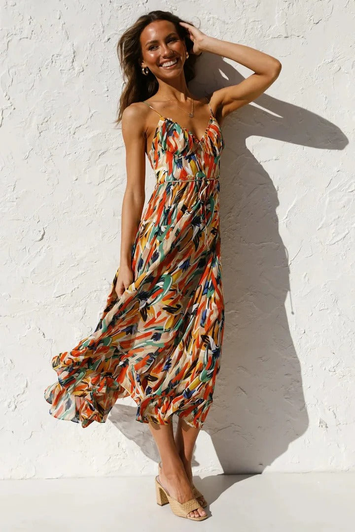 Boho Elegant Summer Dress – Vibrant Midi Dress for Vacation Looks