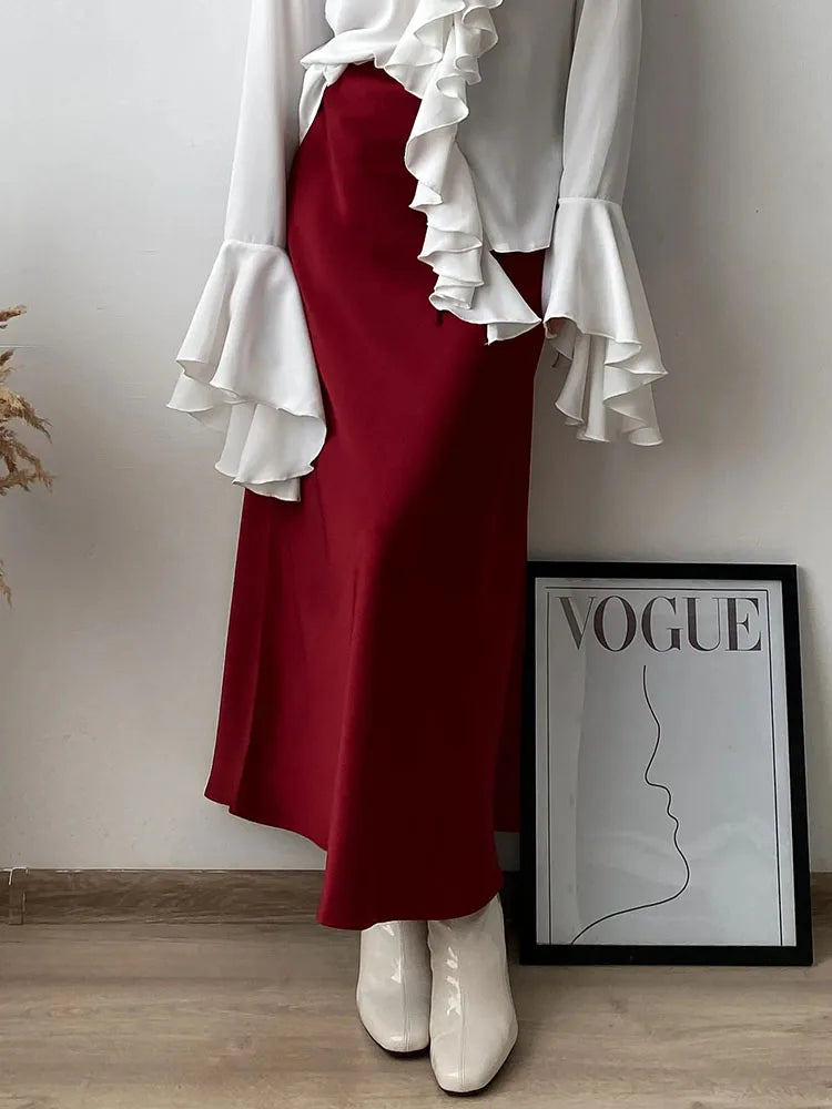 Falda larga de satén negro, ideal para trabajo