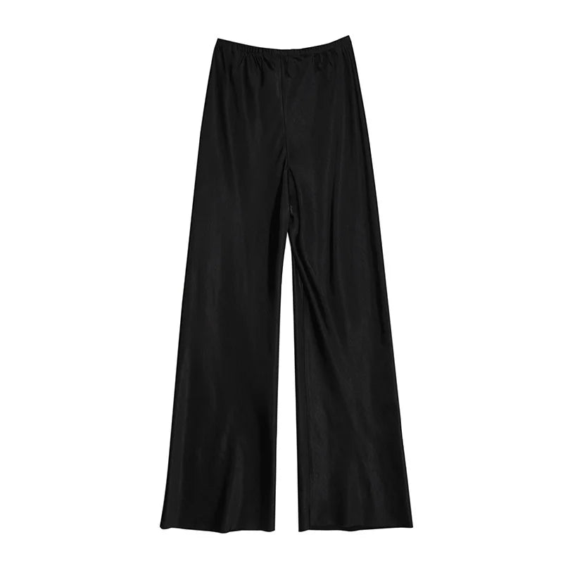 Calça feminina longa e ampla de cetim, estilo casual, ideal para o verão.