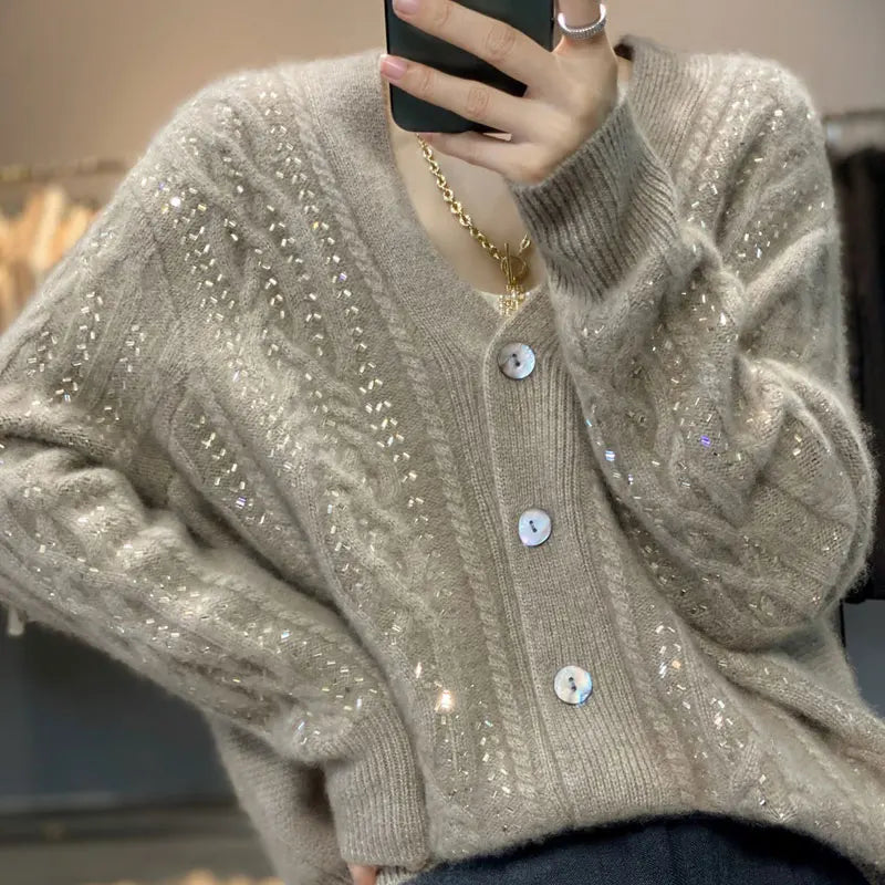 Cárdigan de cachemira , cuello en V, color liso