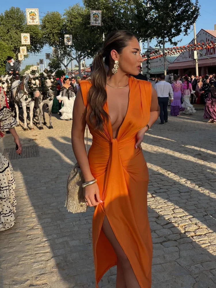 Moriah - Sunset Ruched V-Neck Dress