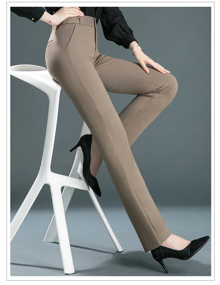 Pantalones rectos finos de cintura alta con elástico