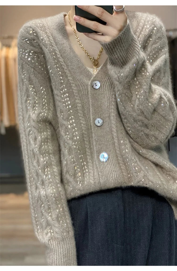 Cárdigan de cachemira , cuello en V, color liso