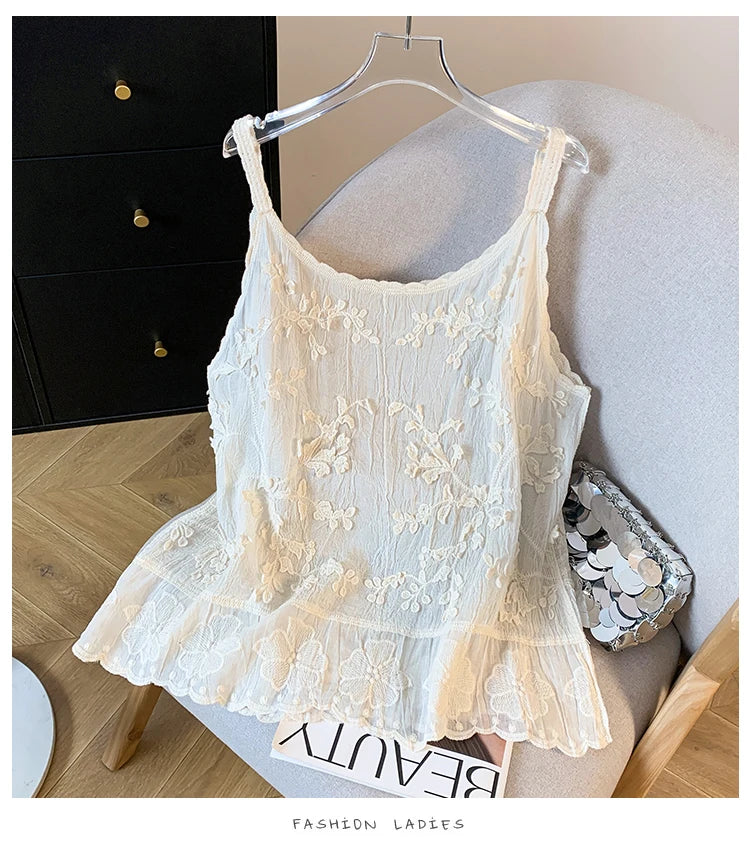 Blusa tirantes fina de lino y algodón a crochet