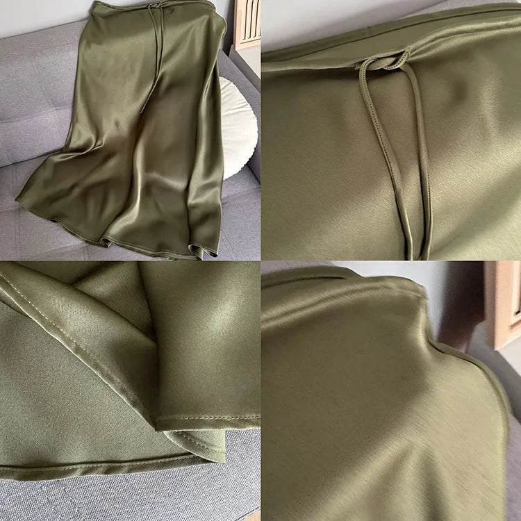 Falda larga de satén negro, ideal para trabajo