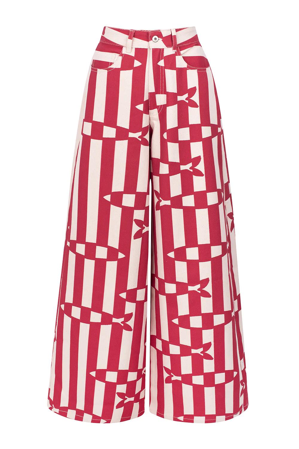 Pantalones de Pierna Ancha a Rayas con Estampado de Peces