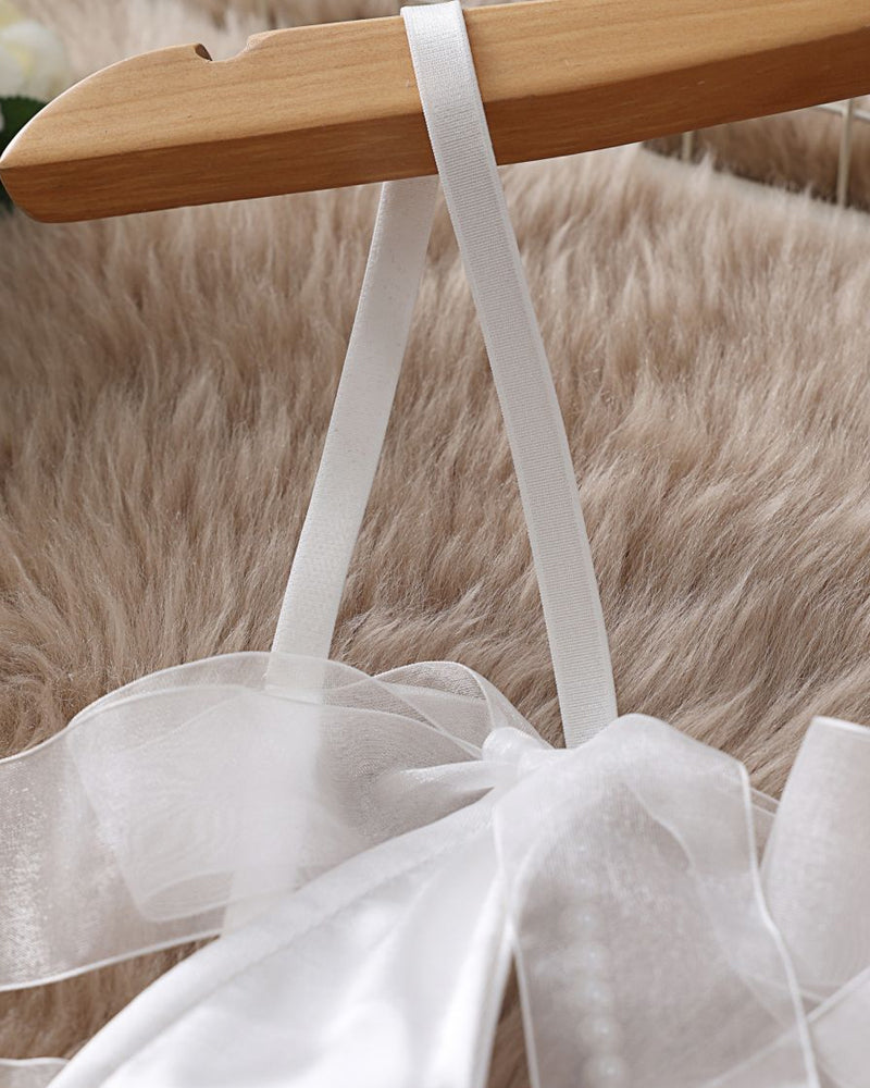 Lace Mesh Bow Tie Pearl Decoration Lingerie Set