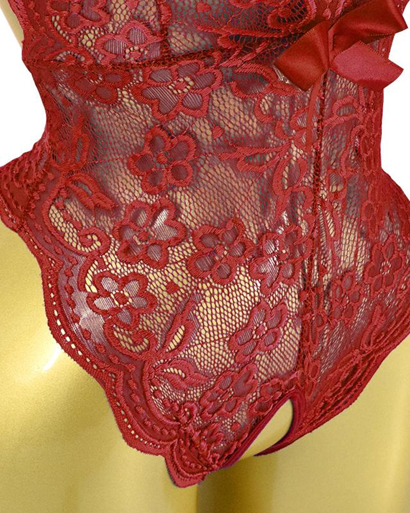 Deep V Sexy Translucent Floral Lace Cross-Back Open Crotch Design One-Piece Pajamas