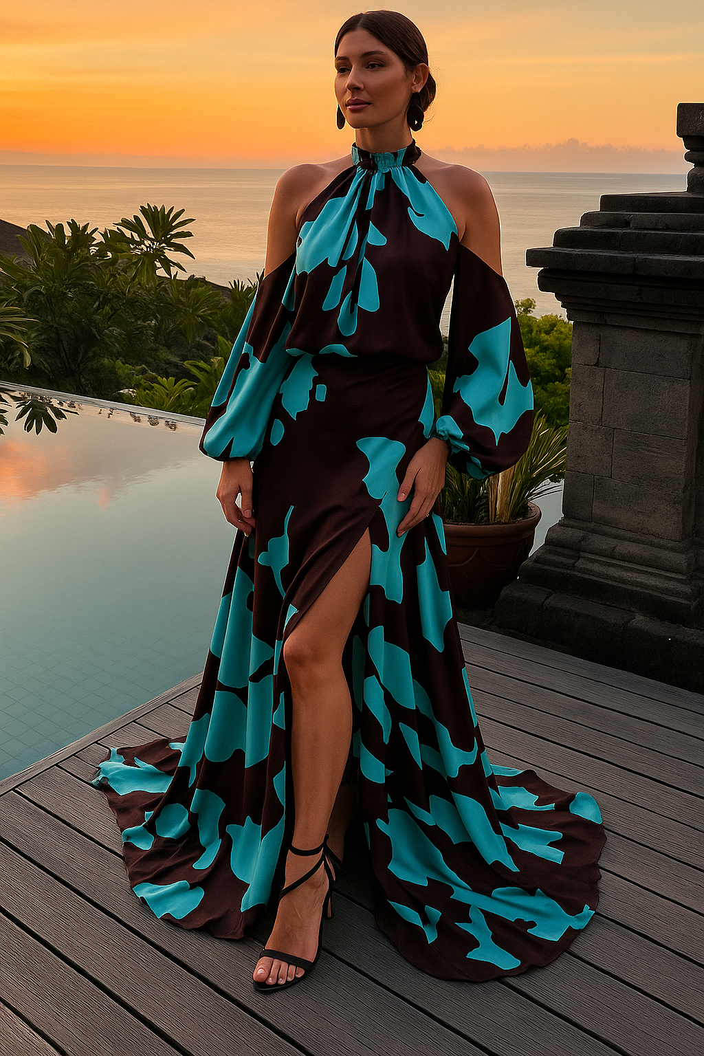 Off-the-shoulder printed waist dress