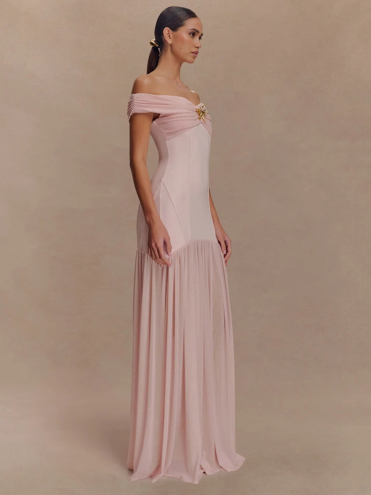 Celestia Evening Gown – Off Shoulder Backless Mesh Dress