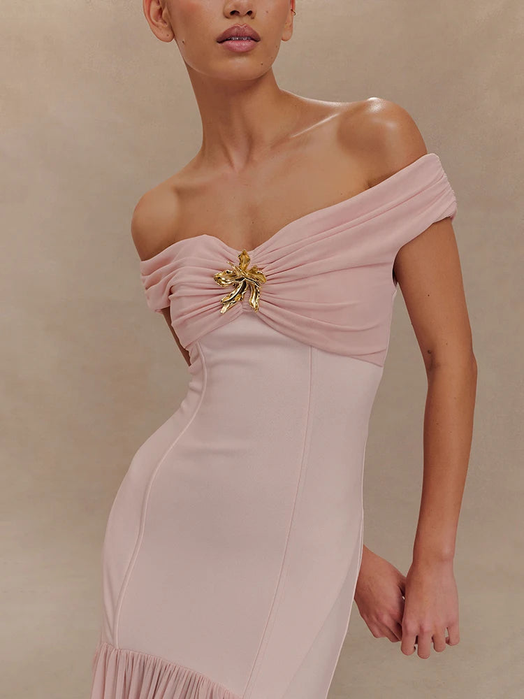 Celestia Evening Gown – Off Shoulder Backless Mesh Dress