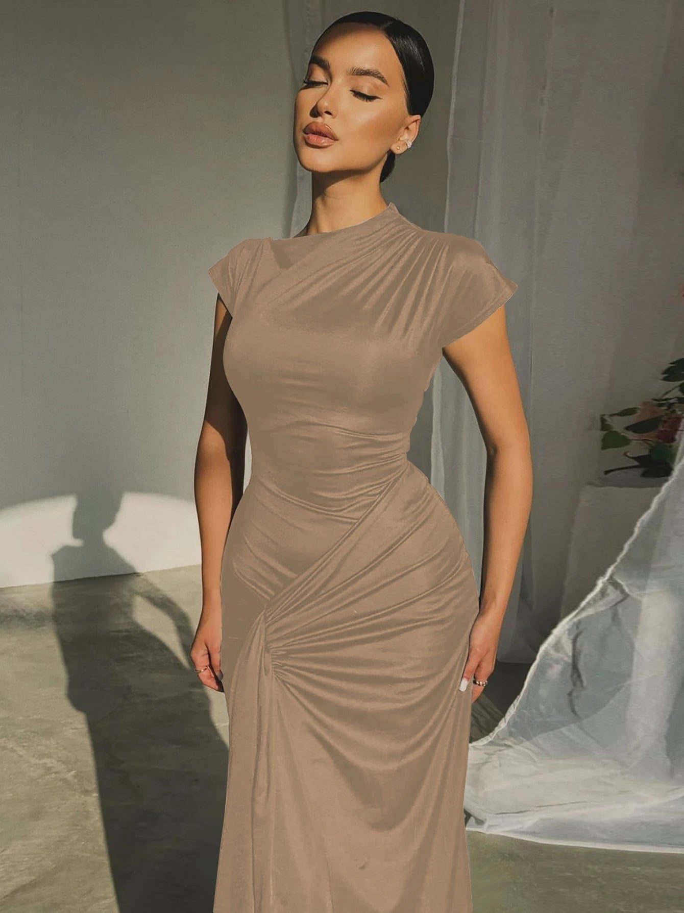 Elegant Pleated Bandage Dress – Sculpted Fit with Front Knot Detail