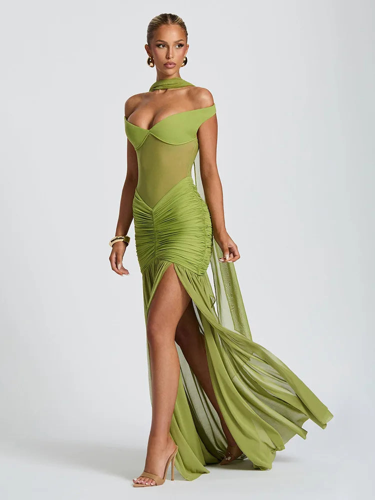 Bella Mesh Ruched Maxi Dress – Off Shoulder High Slit Gown