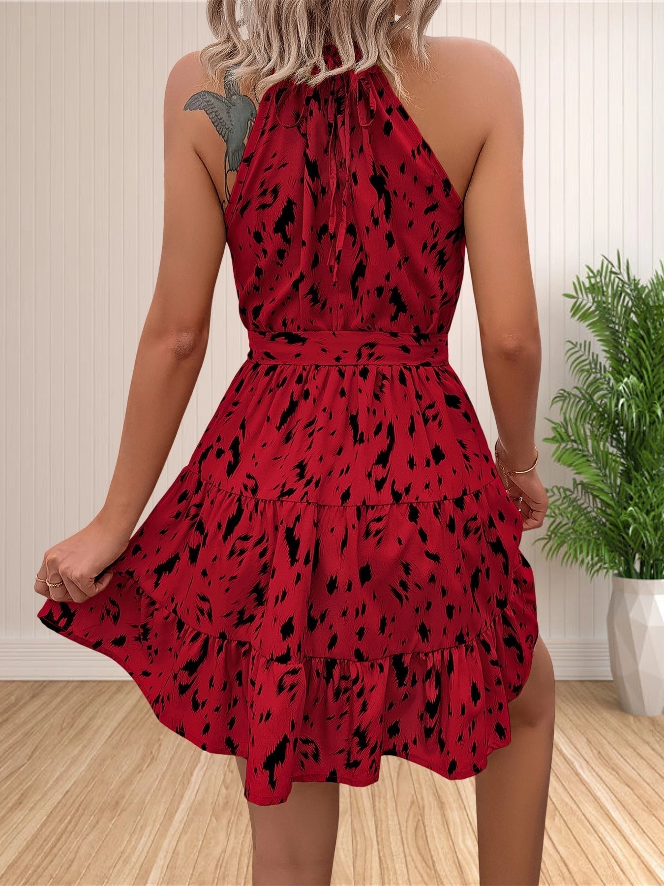 Floral Polka Dot Mini Dress – Lightweight Halter Dress with Ruffles