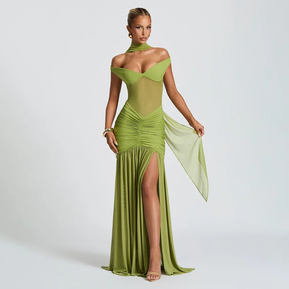 Bella Mesh Ruched Maxi Dress – Off Shoulder High Slit Gown