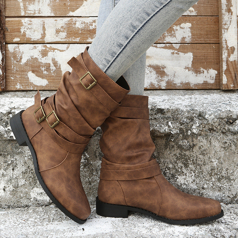 Sloane Luxe Slouch Boots – Buckle-Accented Mid-Calf Flat Boots