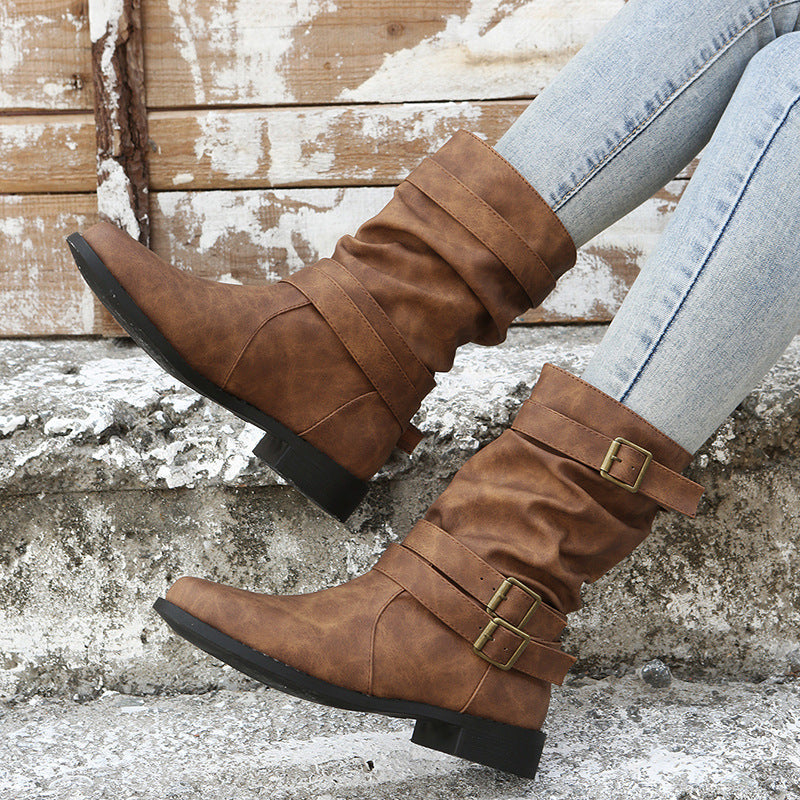 Sloane Luxe Slouch Boots – Buckle-Accented Mid-Calf Flat Boots