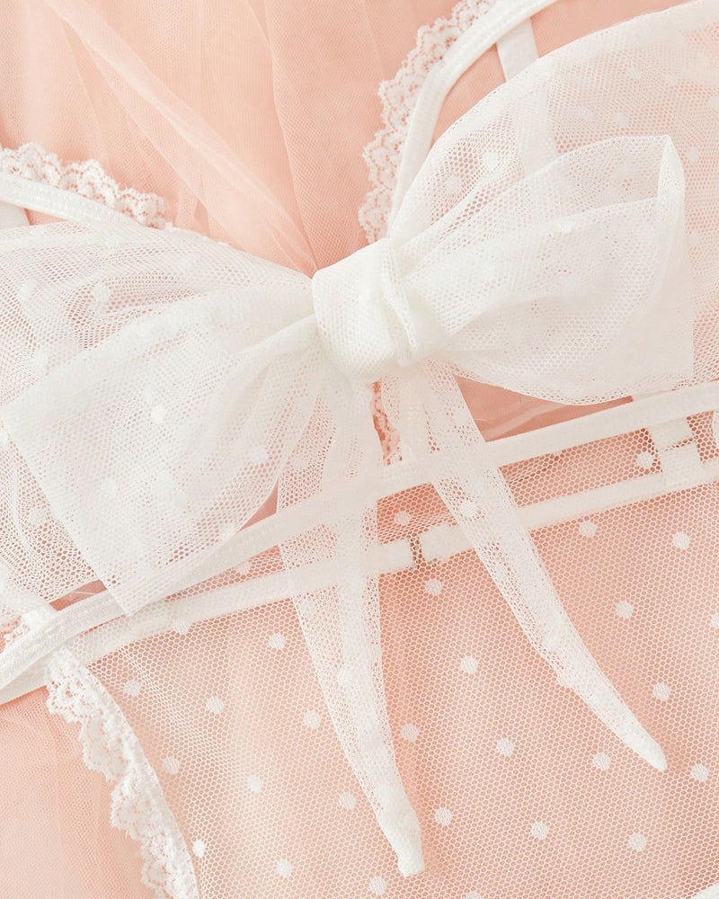 Body Pijama de Malla con Lunares, Encaje Floral y Entrepierna Abierta – Mujer