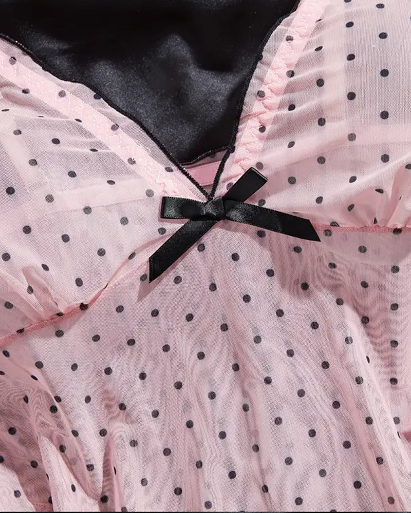 Conjunto de Camisón con Tirantes y Estampado de Lunares Semitransparente – Escote en V