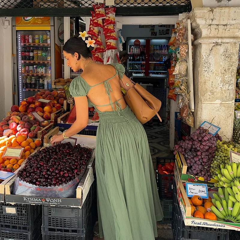 French Strapless Dress – Puff Sleeve Vintage-Inspired Midi