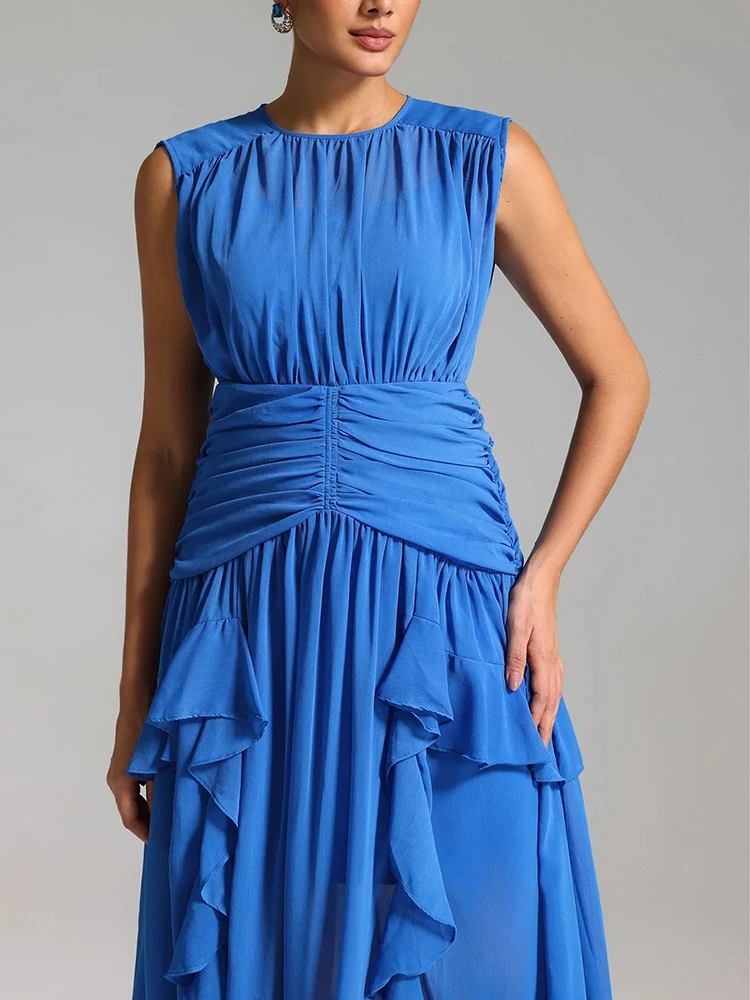 Eileen Pleated Round Neck Ruffle Maxi Dress