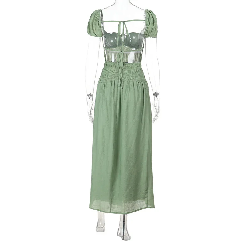 French Strapless Dress – Puff Sleeve Vintage-Inspired Midi