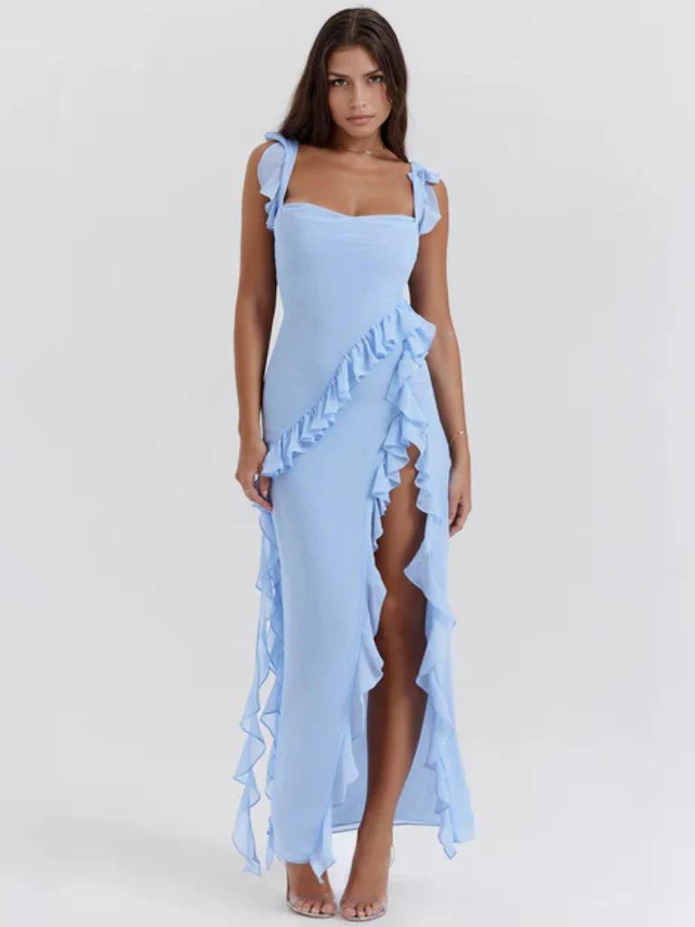 Amber Ruffle High-Slit Maxi Dress – Elegant Summer Statement Look