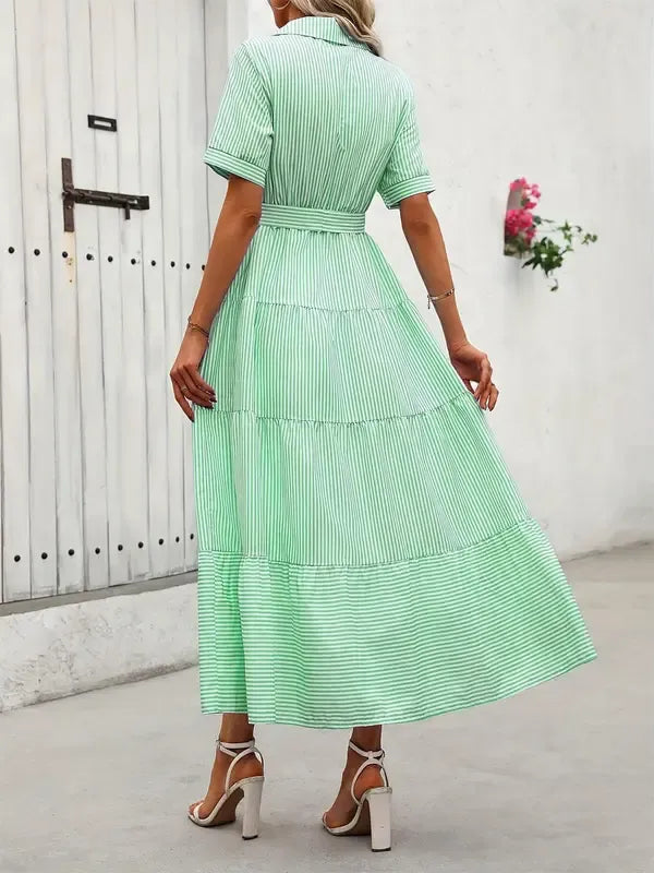 Coastal Stripe Edition – Maxi Striped Dress with Slit & Belt